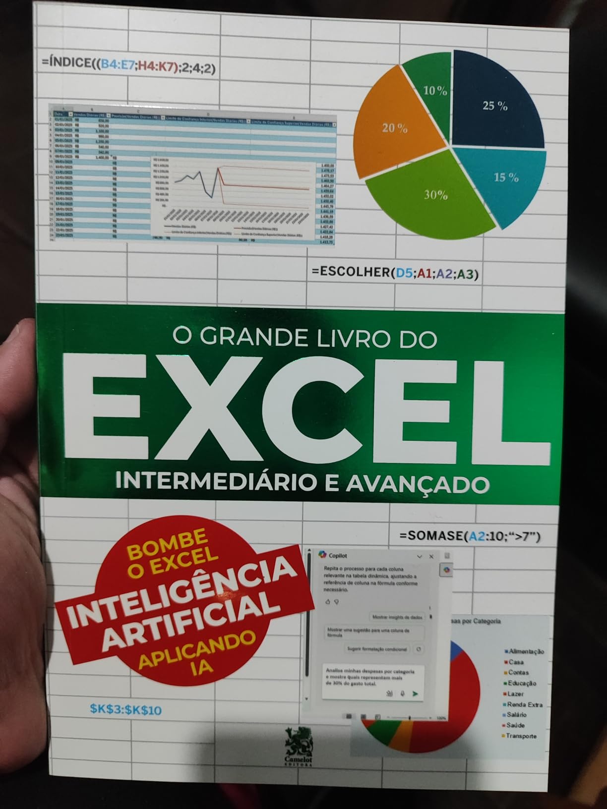 Capa do livro do Excel em detalhe nas mãos do leitor